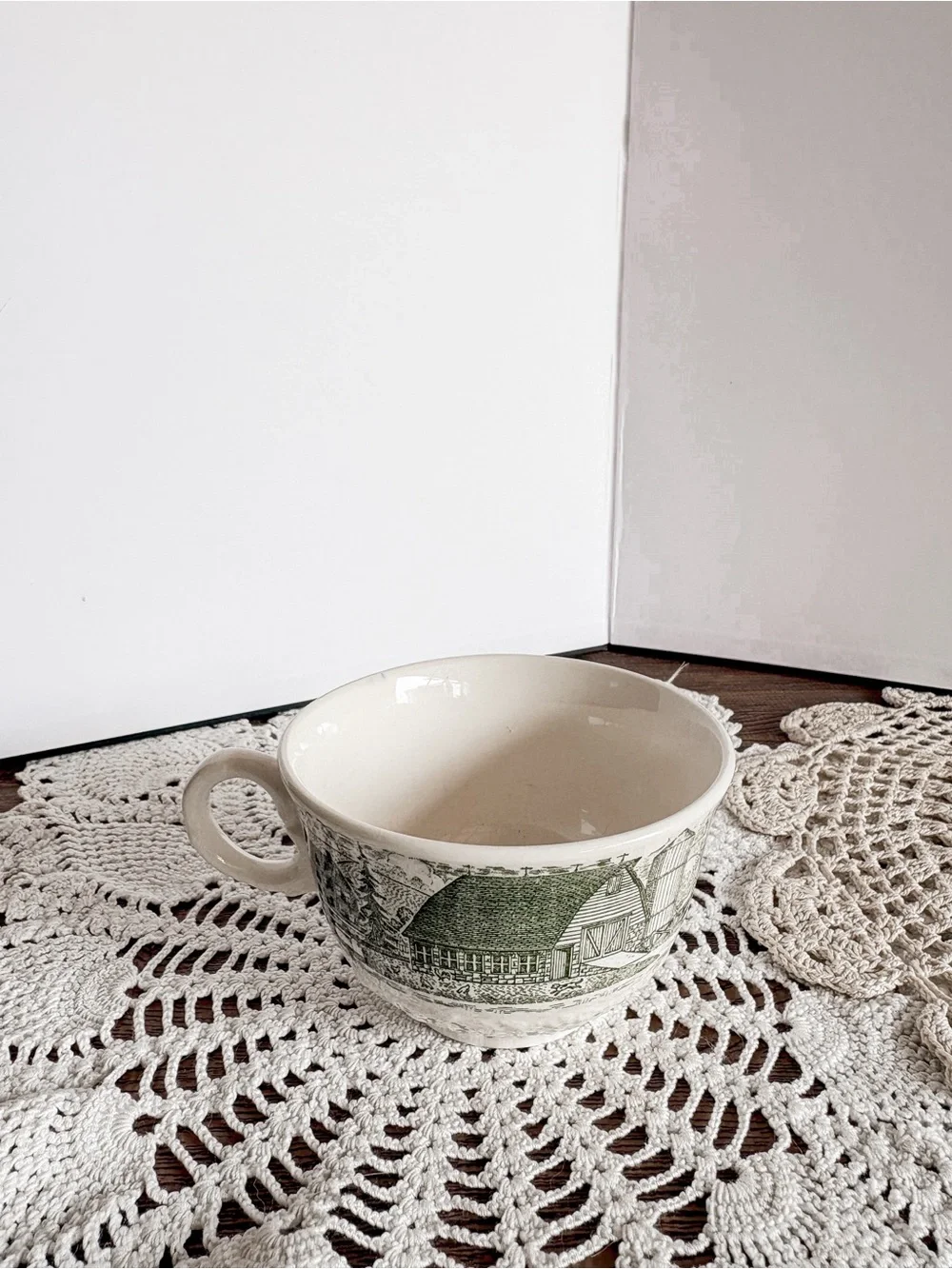Vintage White Teacup with Green Country Themed Art